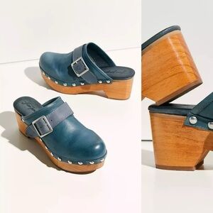 Free People Teal Leather Wood-Platform Clogs